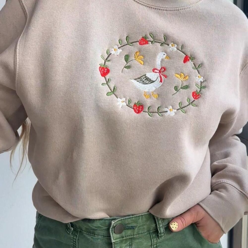 NWT Beige embroidered silly goose strawberry crewneck - Picture 3 of 6